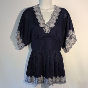 Catherine Malandrino Navy Top with White Lace Detail